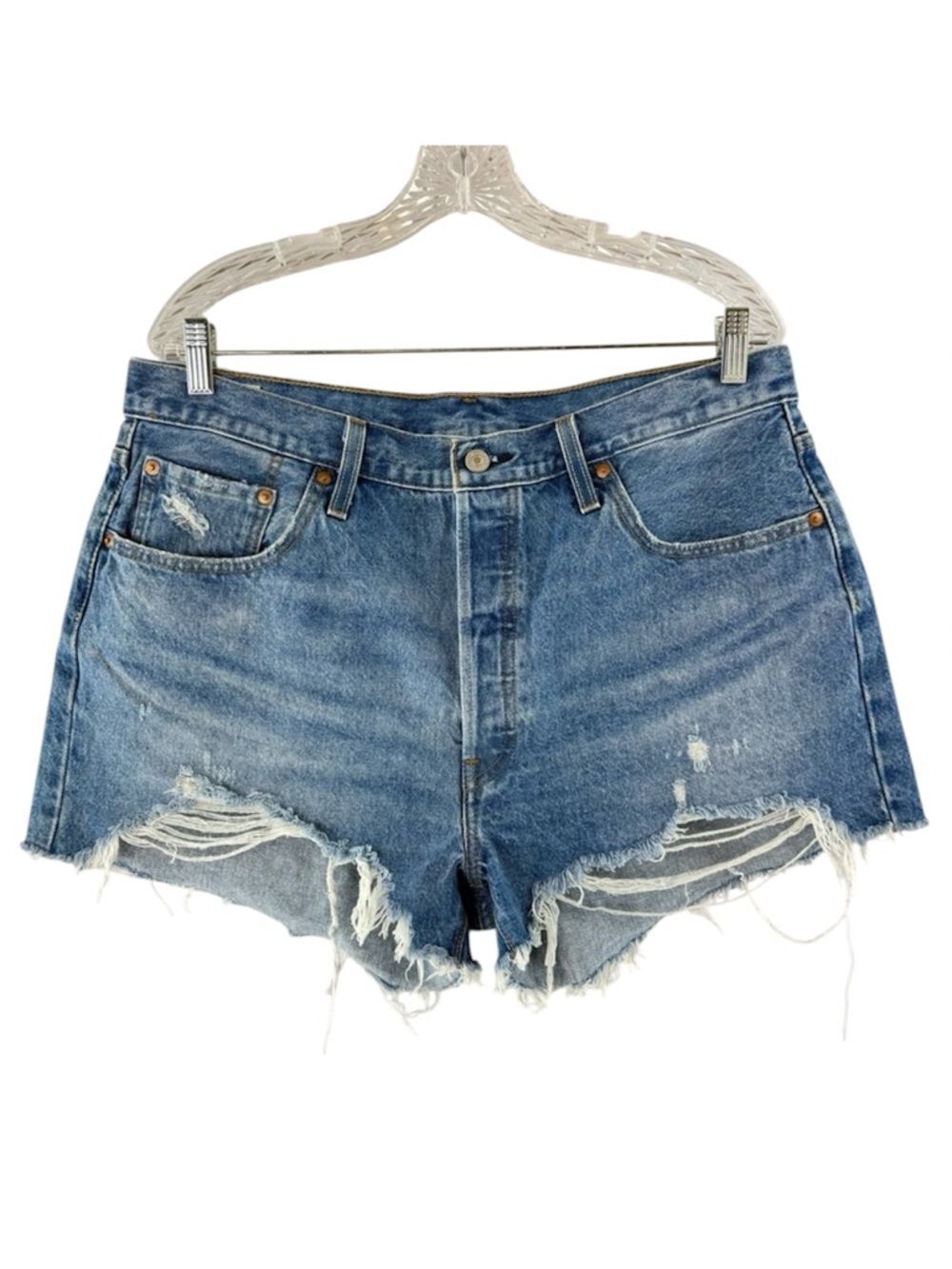 Levi's Premium 501 Blue High Rise Distressed Jean Short Cutoff Shorts NWOT